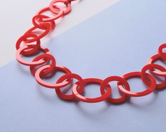 Bright red circle modern geometric acrylic chain necklace.