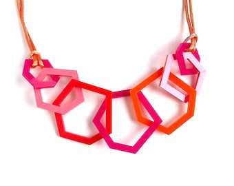 Orange, Red and Pink Geometric Statement Necklace.