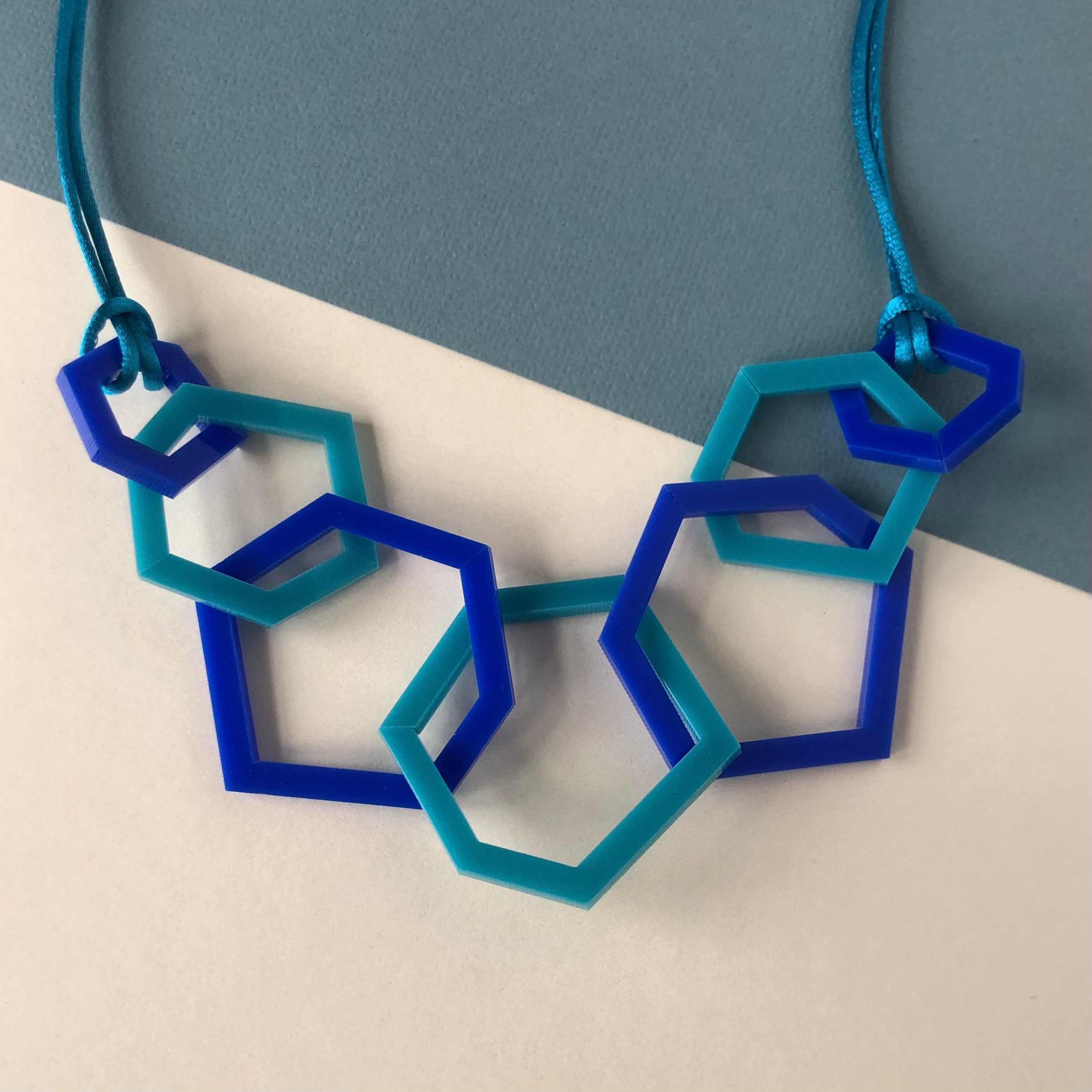 Turquoise and Royal Blue Modern Geometric Acrylic Necklace.