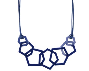 Navy Blue Geometric Acrylic Hexagon Necklace , Chunky Modern Blue Jewellery