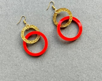 Red and gold glitter circle geometric drop acrylic earrings