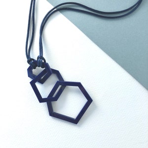 Navy blue modern geometric, acrylic pendant necklace.