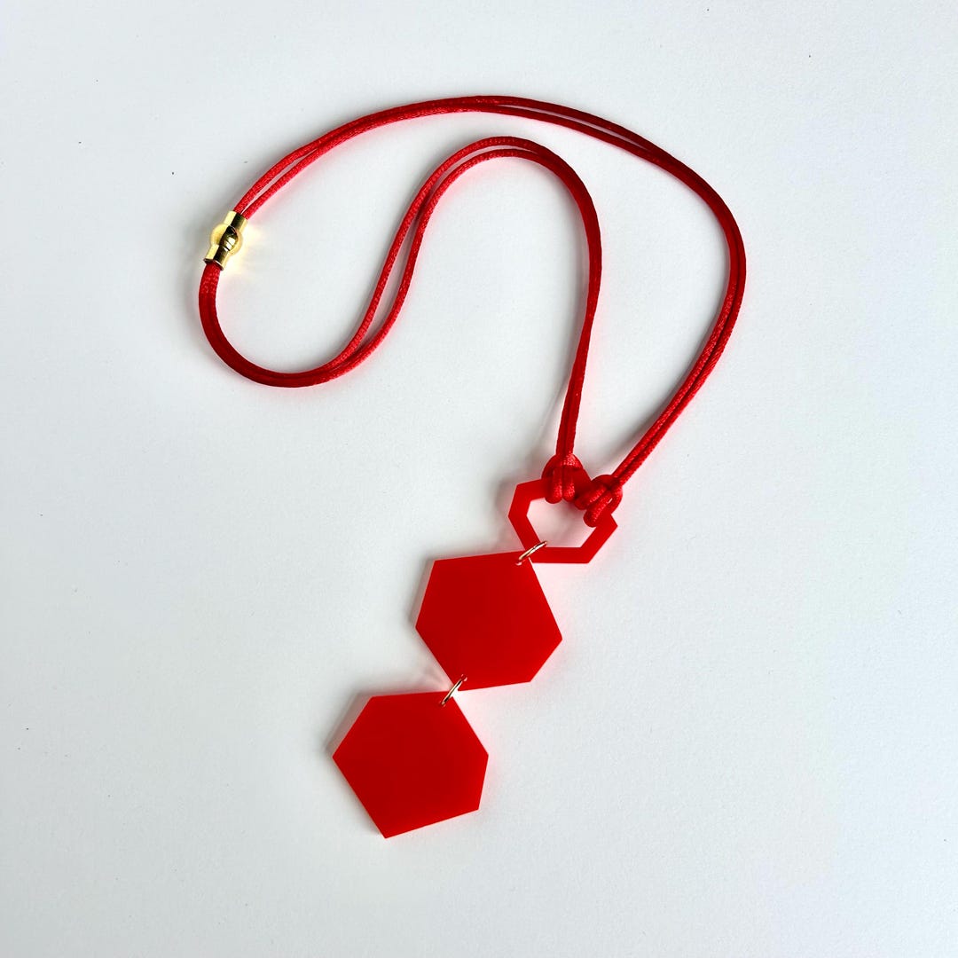 Bright Red Modern Geometric Acrylic Pendant Necklace, Contemporary Red