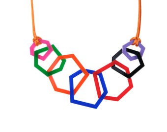 Rainbow Statement Hexagon Acrylic Necklace, Chunky Colourful Modern Jewellery