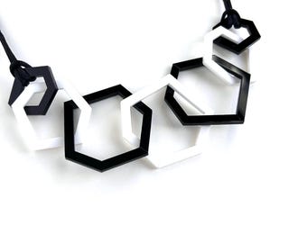 Black and White Modern Geometric Acrylic Necklace, Monochrome Jewellery