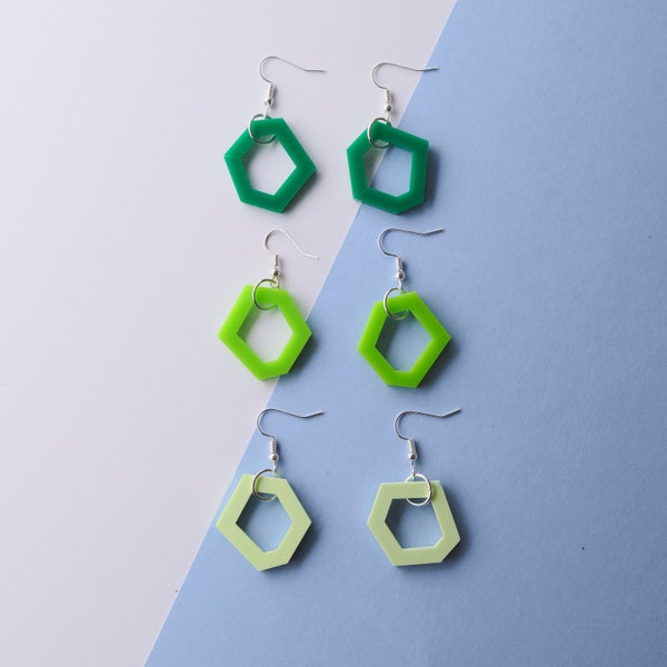 Set of modern, hexagon, acrylic drop earrings in emerald, lime and pistachio green.