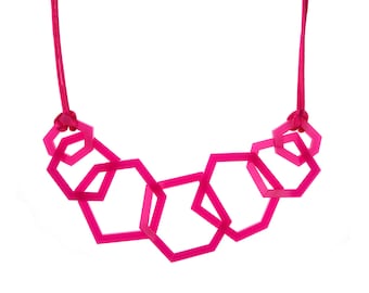 Geometric Statement Colourful Pink Acrylic Necklace, Bright Pink Jewellery