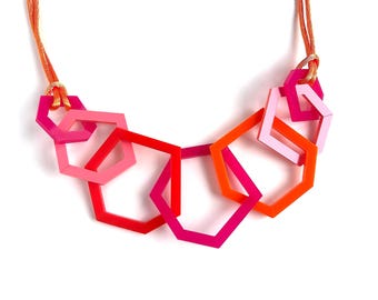 Orange, Red and Pink Geometric Statement Necklace.