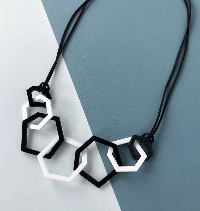 Black and white modern geometric mid-length necklace. image 5