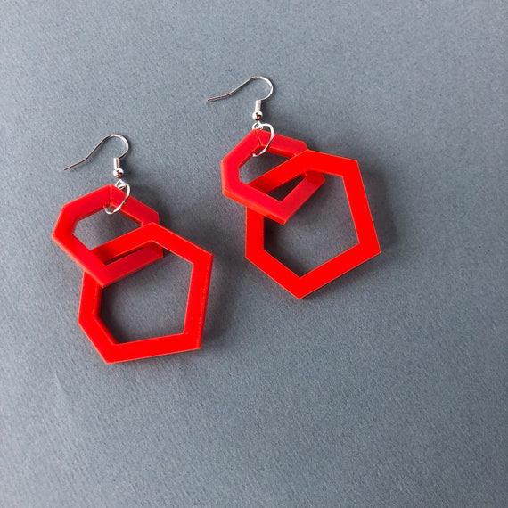 Bright Red Geometric Drop Acrylic Earrings Etsy Singapore