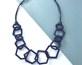 Navy blue modern geometric acrylic necklace.