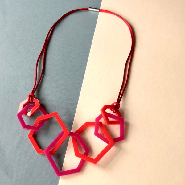 Fushcia pink and bright red modern geometric perspex necklace.