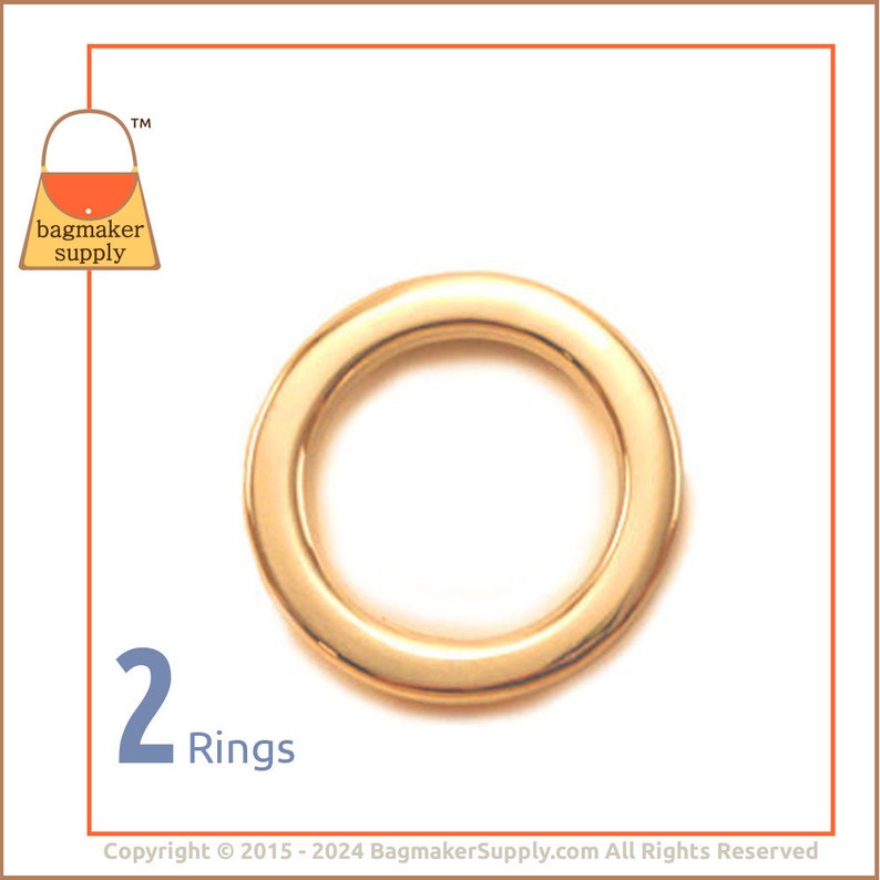 3/4 Inch O Ring, Super-Shiny Gold Finish, 2 Pieces, .75 Inch 19 mm Flat Cast O-Ring, Purse Bag Making Handbag Hardware Supplies, RNG-AA057 image 1