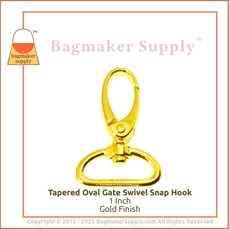 May include: Gold-toned tapered oval gate swivel snap hook, 1 inch in size.  Tapered Oval Gate Swivel Snap Hook 1 Inch Gold Finish. Copyright &copy; 2015-2025 BagmakerSupply.com All Rights Reserved.