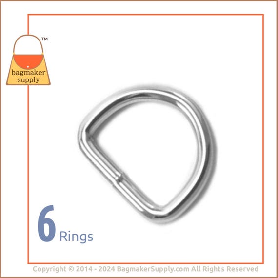 3/4 Inch D Ring, Nickel Finish, 6 Pieces, 19 mm Welded D-Ring, 3.5 mm Gauge, Bag Making Handbag Purse Hardware Supplies, .75 Inch, RNG-AA019