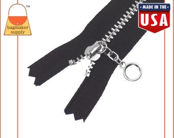 10 Inch Black YKK Zipper with Nickel / Silver Metal Teeth / Chain, Round / Circle Chain Pull, Handbag Purse Bag Making Sewing, ZPR-AA002