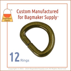 1/2 Inch D Ring, Antique Brass Finish, 12 Pieces, 13 mm D-Ring, .5 Inch Small D Ring, Purse Bag Making Supplies Handbag Hardware, RNG-AA441