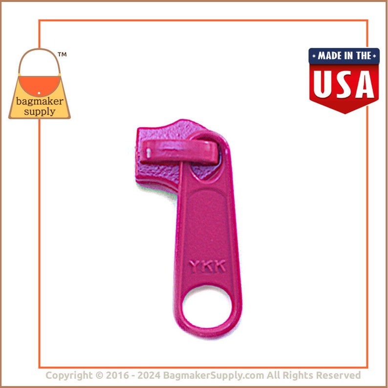 YKK Long Tab Zipper Pull / Slide, Metal Fuchsia Hot Pink Finish, For Size 5 Nylon Coil Zipper, 6 Pack, Great For Handbags, ZPP-AA003 image 4