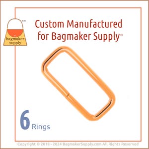 May include: Six gold-toned metal rings. The rings are rectangular in shape and have a smooth finish. Custom manufactured for Bagmaker Supply.