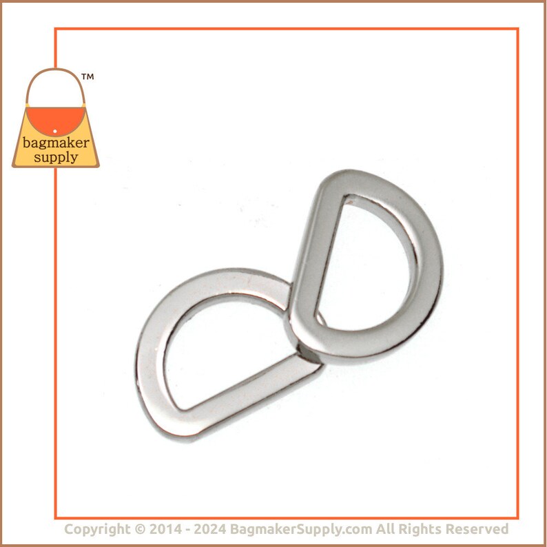 1/2 Inch Flat Cast D Ring, Super-Shiny Nickel Finish, 6 Pieces, Handbag Purse Bag Making Hardware 13 mm Dee Ring, .5 Inch, RNG-AA040 image 6