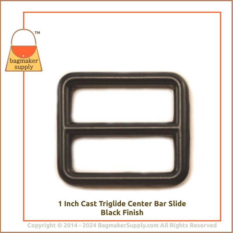 May include: A black 2.5 cm cast triglide centre bar slide. The rectangular metal hardware has a black finish and is designed for bag making. The image includes the "bagmaker supply" logo.