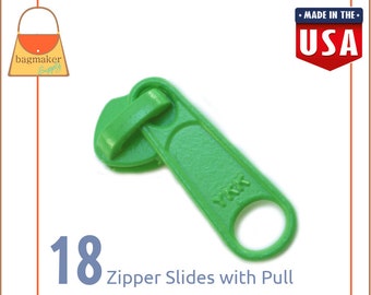 YKK Long Tab Zipper Slide/Pull, Metal Lime Green Finish, For Size 5 Nylon Coil Zipper Yardage, 18 Pack, Great For Bags, ZPP-AA006