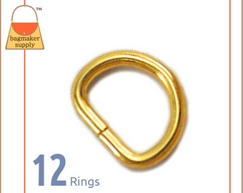 3/8 Inch D Ring, Shiny Brass Finish, 12 Pieces, Small 9.5 mm Dee Ring, 2 mm Gauge, Handbag Purse Making Hardware Supplies, .375", RNG-AA123