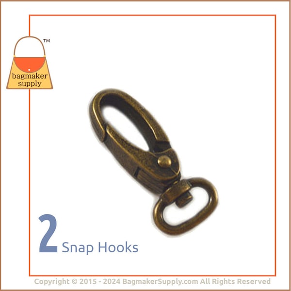 1/2 Inch Snap Hook, Antique Brass Finish, 13 mm Oval Gate Swivel Purse Clip, 2 Pieces, Handbag Bag Making Hardware Supplies, .5", SNP-AA067