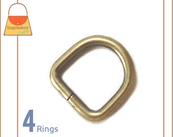 3/8 Inch D Ring, Antique Gold / Light Antique Brass Finish, 4 Pack, 9.5 mm Small Ring, Handbag Purse Bag Making Hardware Supplies, RNG-AA090