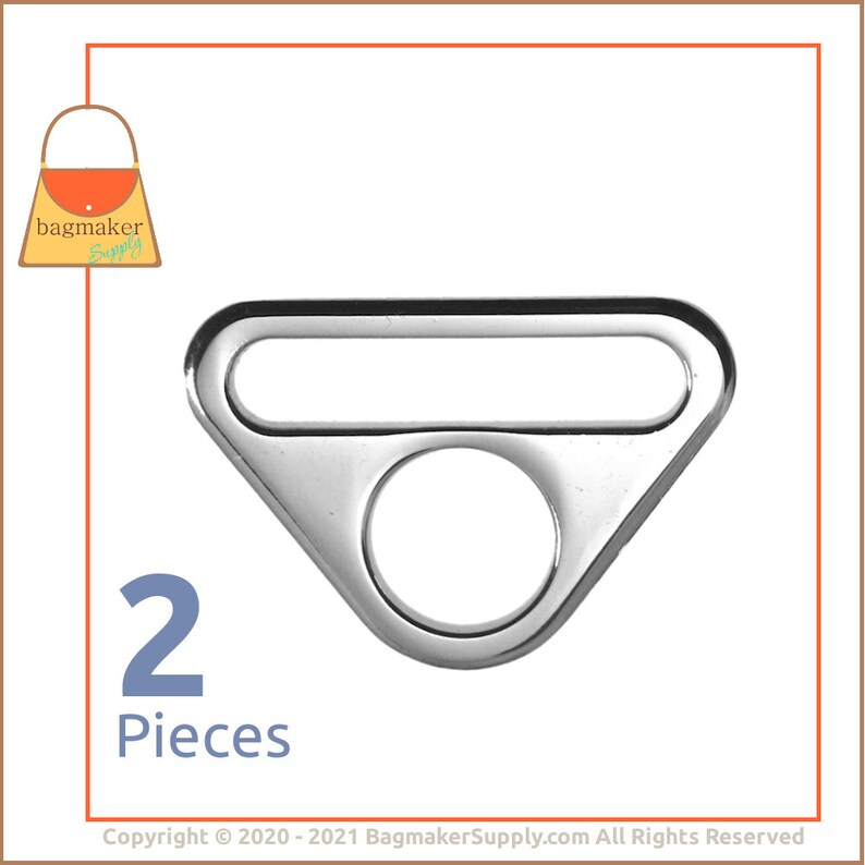 2 Pack RNG-AA401 25 mm Slot and Hole Loop Buckle 1 Purse Handbag Hardware 1 Inch Triangle Double Ring Shiny Nickel Finish