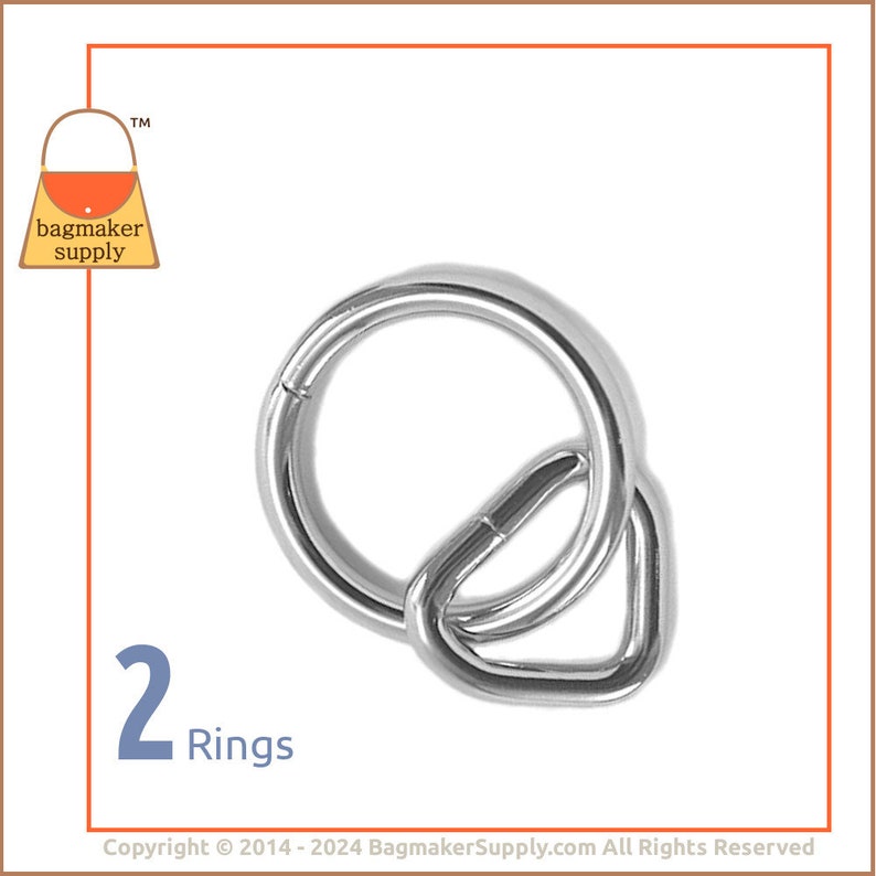 1 Inch Loop and 1-1/2 Inch Ring, Nickel Finish over Brass, 2 Pack, 38 mm 25 mm, Handbag Purse Bag Making Supplies Hardware, RNG-AA004 image 1