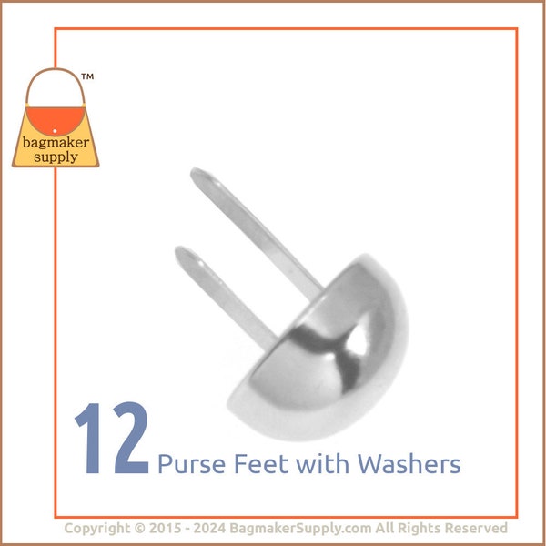 3/4 Inch Purse Foot, 20 mm, Nickel Finish, 12 Feet with Washers, Extra Large Bottom Stud, Handbag Bag Making Hardware Supplies, PFT-AA007