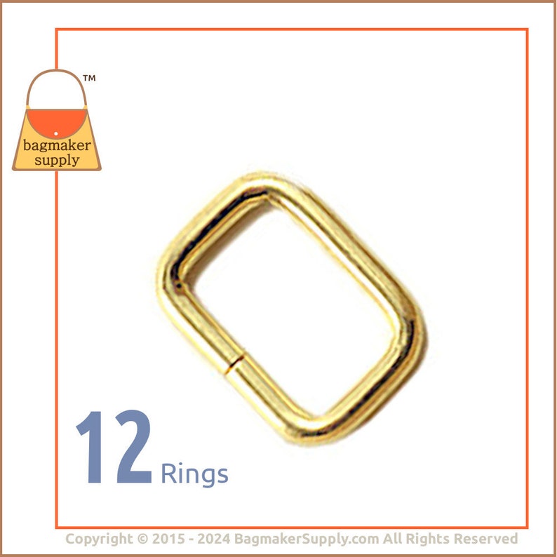 5/8 Inch Rectangle Ring, Brass Finish, 12 Pack, 16 mm Rectangle Wire Loop for 1/2 Inch 5/8 Inch Strap, Purse Handbag Hardware, RNG-AA082 image 1