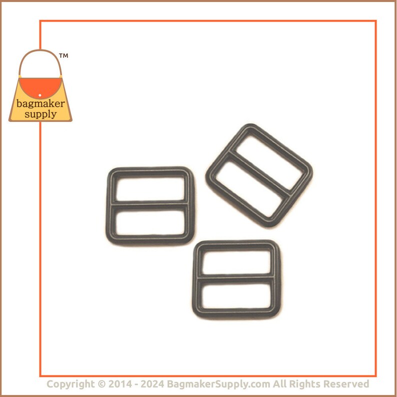 May include: Three dark grey metal rectangle sliders with two bars. The sliders are for bag making and have a matte finish. The logo for Bagmaker Supply is in the upper left corner.