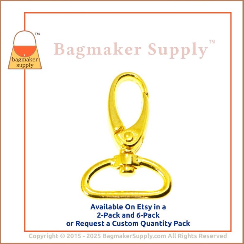 May include: Gold-toned metal swivel clasp hook. Available in 2-pack and 6-pack or request a custom quantity pack.  Bagmaker Supply.com