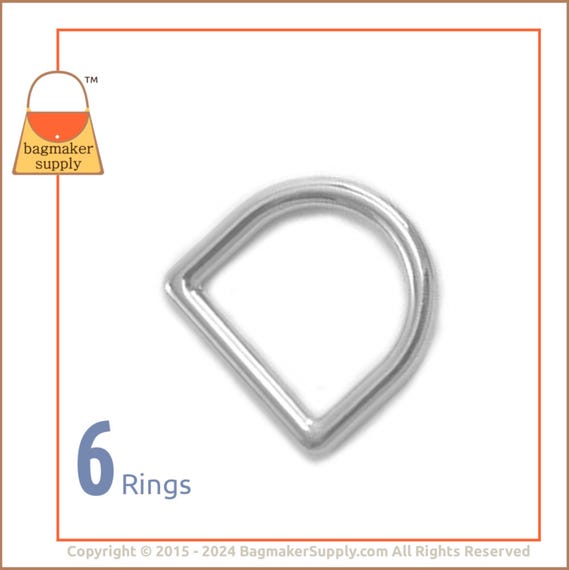 5/8 Inch Cast D Ring, Nickel Finish, 6 Pieces, 16 mm Dee Ring, Handbag Purse Bag Making Hardware Supplies, .625 Inch, 5/8", .625", RNG-AA189