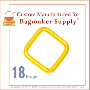 May include: A set of 18 gold-colored metal rings. The rings are square shaped and have a smooth finish. The rings are designed for use in crafting and making bags.