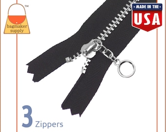 10 Inch Black YKK Ring Chain Zipper with Nickel Finish Metal Teeth / Chain, Round / Circle Pull, 3 Pack, Handbag Purse Bag Making, ZPR-AA002