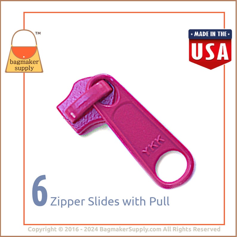 YKK Long Tab Zipper Pull / Slide, Metal Fuchsia Hot Pink Finish, For Size 5 Nylon Coil Zipper, 6 Pack, Great For Handbags, ZPP-AA003 image 1