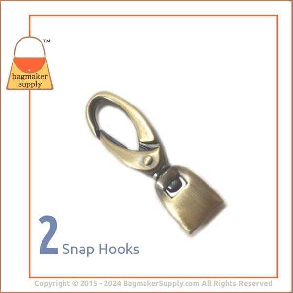 1/2 Inch Flat Cord Swivel Snap Hook, Light Antique Brass Finish, 2 Pack, 13 mm Strap End Purse Clip, Handbag Hardware Supplies, SNP-AA025