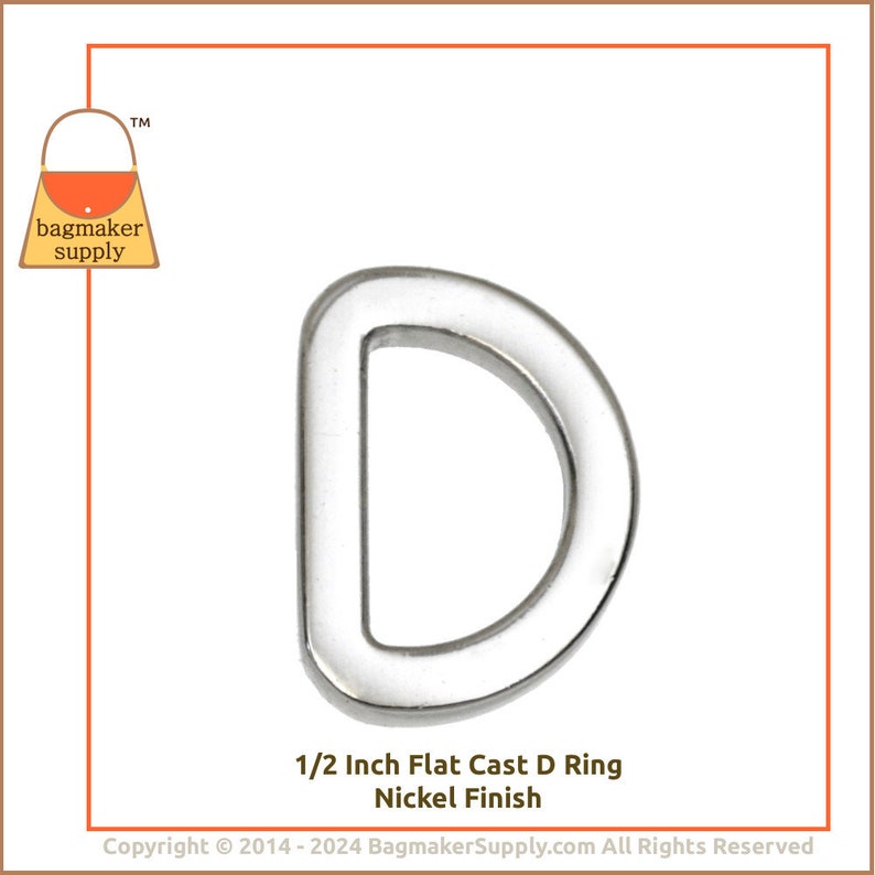 1/2 Inch Flat Cast D Ring, Super-Shiny Nickel Finish, 6 Pieces, Handbag Purse Bag Making Hardware 13 mm Dee Ring, .5 Inch, RNG-AA040 image 8