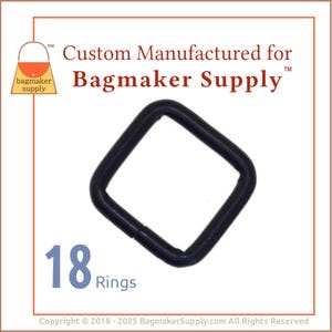 Puede incluir: Un anillo metálico negro de forma cuadrada para la fabricación de bolsos. La imagen muestra 18 anillos. El texto en la imagen dice "Custom Manufactured for Bagmaker Supply".