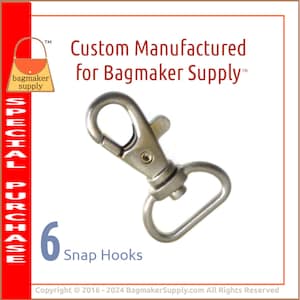 May include: Six silver snap hooks, custom manufactured for Bagmaker Supply.  The hooks are made of metal and have a spring-loaded clasp.
