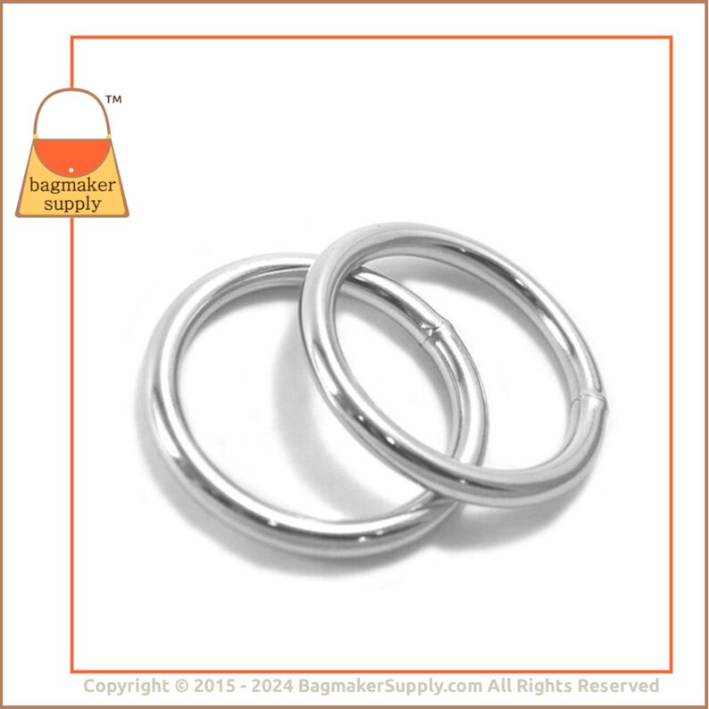 1-3/4 Inch O Ring, Welded, Shiny Nickel Finish, 6 Pack, 45 mm 6 mm Gauge, 1.75 Inch, Purse Hardware Bag Making Handbag Hardware, RNG-AA096 image 2