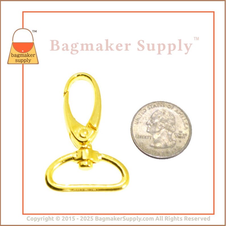 May include: Gold-toned metal swivel clasp with a D-ring. The clasp is about the size of a US quarter.
