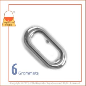 May include: Six silver oval grommets, a type of metal ring used to reinforce holes in fabric, leather, or other materials.  The grommets are shown against a white background.