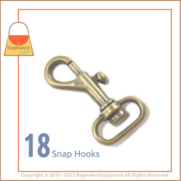 3/4 Inch Swivel Bolt Style Snap Hook, Antique Gold / Light Antique Brass Finish, 18 Pieces, 19 mm, Handbag Purse Making Hardware, SNP-AA041