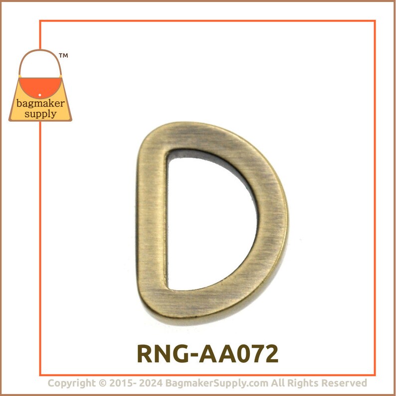 1/2 Inch Flat Cast D Ring, Light Antique Brass / Antique Gold Finish, 6 Pieces, 13 mm D-Ring, Purse Bag Making Handbag Hardware, RNG-AA072 image 8