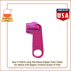 YKK Long Tab Zipper Pull / Slide, Metal Fuchsia Hot Pink Finish, For Size 5 Nylon Coil Zipper, 6 Pack, Great For Handbags, ZPP-AA003 image 7