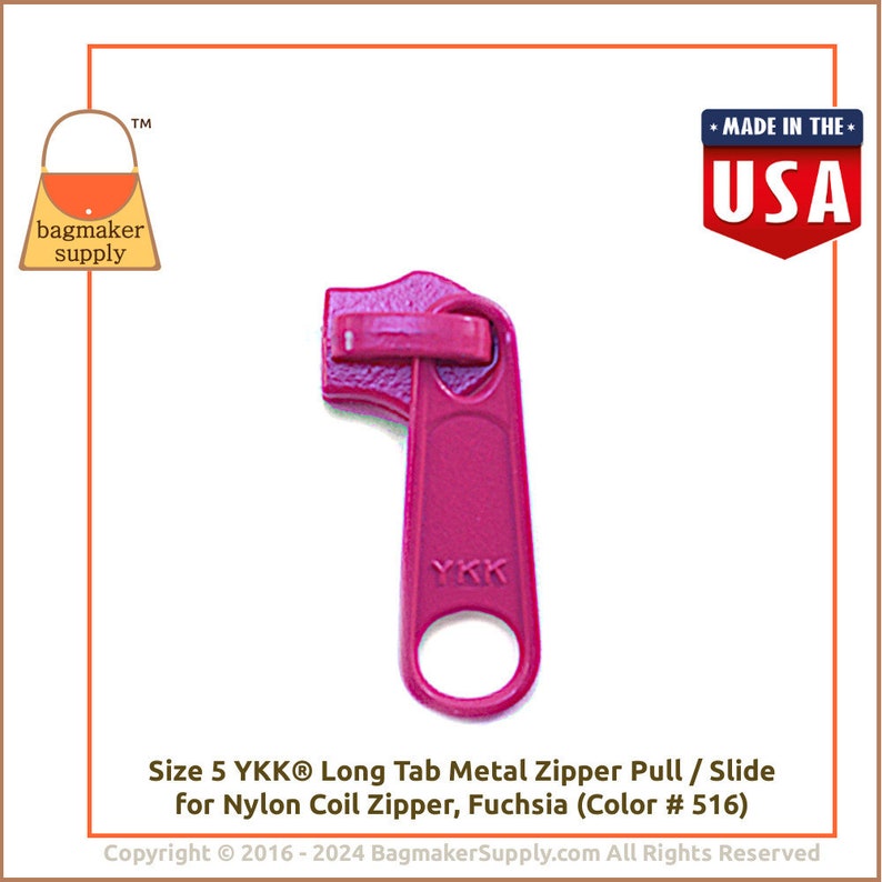 YKK Long Tab Zipper Pull / Slide, Metal Fuchsia Hot Pink Finish, For Size 5 Nylon Coil Zipper, 6 Pack, Great For Handbags, ZPP-AA003 image 7